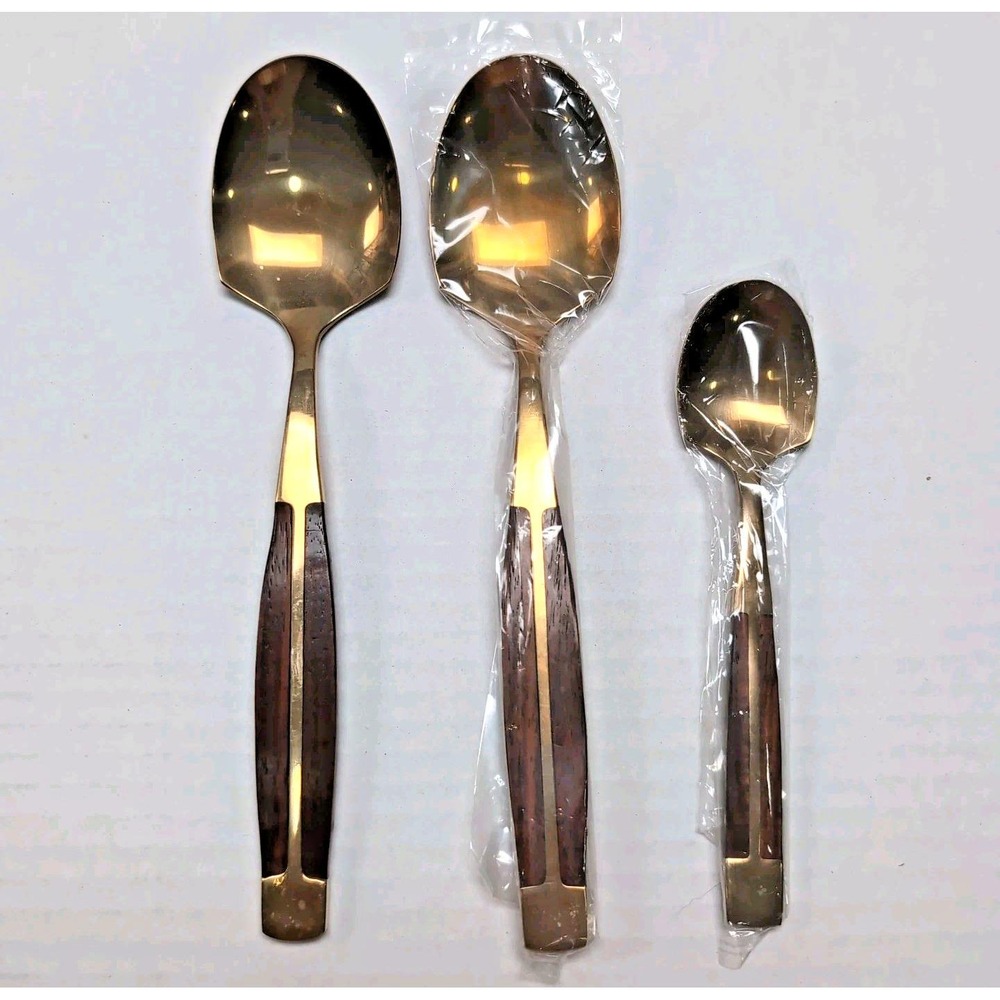 Vtg Jean Claude Brass Teak Flatware 64-Piece Incomplete Set 7 Serving Pcs & Box - Picture 5 of 16